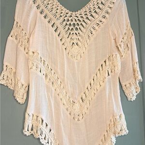 Boho Crochet Lace Poncho Top Cream Fringe Festival Cover Up OS